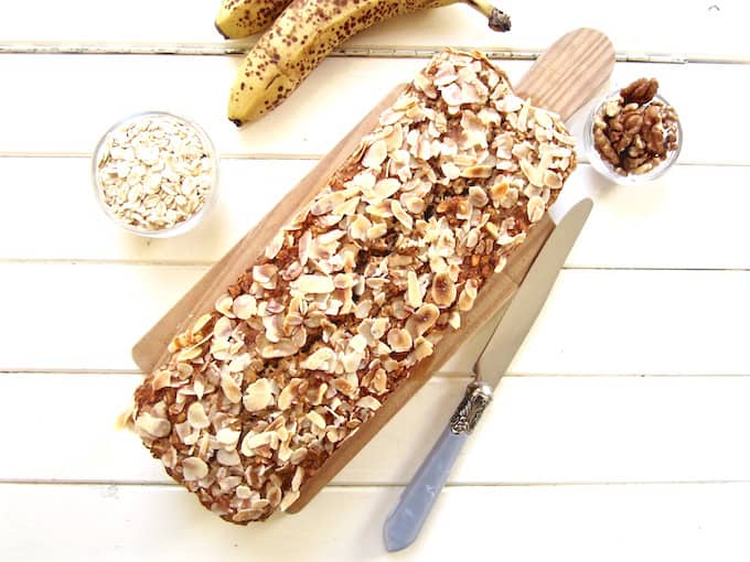 ALT TEXT: Easy & healthy vegan + gluten free one bowl Banana Nut Bread recipe! Protein packed with 7 grams per slice. {refined sugar free, oil free} | veganchickpea.com