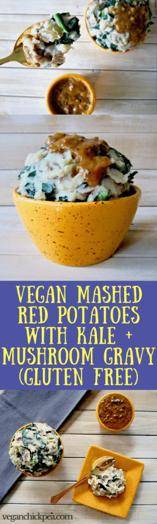 Vegan Mashed Red Potatoes & Kale + Mushroom Gravy recipe - A fresh and healthier take on the classic recipe, topped with heavenly gravy! {vegan, gluten free, nut free, soy free} | veganchickpea.com