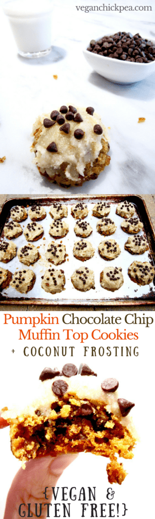 Vegan & Gluten Free Pumpkin Chocolate Chip Muffin Top Cookies with Coconut Frosting - soft baked cookies with a muffin top texture make a sweet, delightful treat for fall! Impression your non vegan and gluten free friends with this recipe. | veganchickpea.com