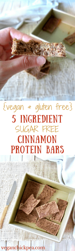 5 Ingredient Sugar Free Cinnamon Protein Bars recipe - These super simple bars use only whole foods and are packed with 15 grams of protein per bar! {flourless, sugar free, gluten free, vegan} | veganchickpea.com