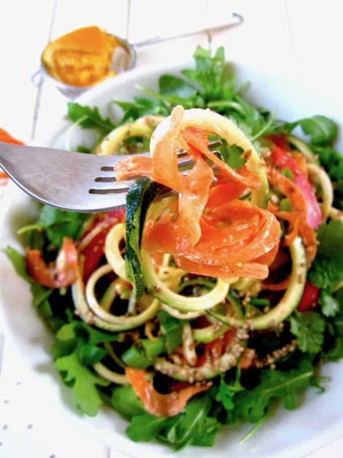 Coconut Curry Spiraled Zucchini & Carrot Noodle Salad - This colorful, bright salad is ready in 15 minutes and has a light flavor, enjoyable anytime of the year! [vegan, paleo, GF] | veganchickpea.com