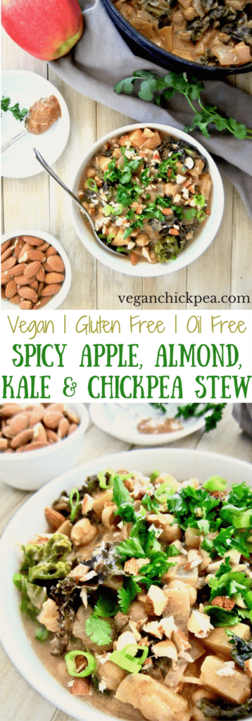 Apple, Almond, Kale & Chickpea Stew recipe - A healthy and simple recipe using only 9 ingredients! Savory and sweet with a bit of spice and protein makes this a perfectly balanced meal! Gluten free, sugar free, oil free. | veganchickpea.com