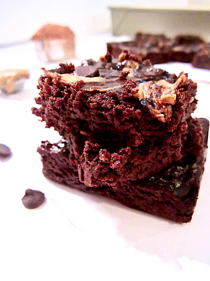 Flourless Sunflower Seed Butter Swirl Brownies recipe - these easy brownies have only 9 ingredients and take 15 minutes to prepare! A low sugar dessert that’s vegan, paleo, refined sugar free, gluten free and oil free! | veganchickpea.com 