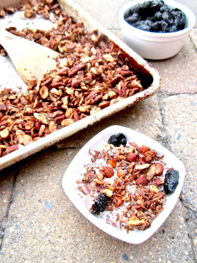 Healthy High Protein Grain Free Granola recipe - delicious homemade sugar free, grain free and versatile granola for any diet with 5 grams of protein in 1/4 cup! Vegan, gluten free, paleo. | veganchickpea.com