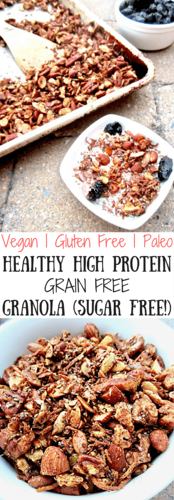 Healthy High Protein Grain Free Granola recipe - delicious homemade sugar free, grain free and versatile granola for any diet with 5 grams of protein in 1/4 cup! Vegan, gluten free, paleo. | veganchickpea.com