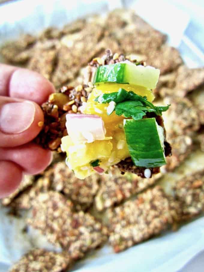 Grain-Free Multiseed Crackers with Mango Pineapple Cucumber Salsa recipe - super healthy, high protein crunchy crackers made simply out of seeds and seasonings. Paired with fresh, zesty, sweet and chunky salsa! [vegan, paleo, gluten/oil/soy/sugar/nut free] | veganchickpea.com