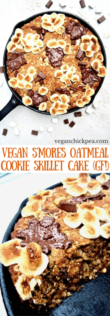 S’mores Oatmeal Cookie Skillet Cake recipe - This vegan and gluten free thick cookie cake is a hybrid between oatmeal bars and cookies, with chocolate chunks, marshmallows, oats, coconut flour and flavorful hints of cinnamon, nutmeg and ginger. A new spin on an old American classic, perfect for summer or anytime of year! | veganchickpea.com