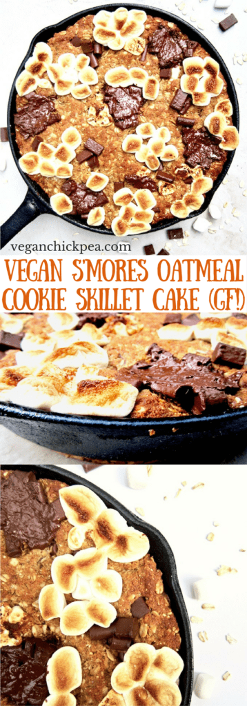 S’mores Oatmeal Cookie Skillet Cake recipe - This vegan and gluten free thick cookie cake is a hybrid between oatmeal bars and cookies, with chocolate chunks, marshmallows, oats, coconut flour and flavorful hints of cinnamon, nutmeg and ginger. A new spin on an old American classic, perfect for summer or anytime of year! | veganchickpea.com