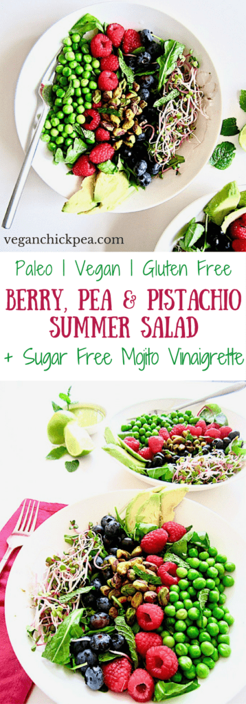 Berry, Pea & Pistachio Summer Salad + Sugar Free Mojito Dressing Recipe - Enjoy fresh seasonal produce with this colorful salad showcasing fresh raspberries, blueberries, peas and toasted pistachios over crisp greens, topped with an easy, zesty sugar free lime + mint mojito vinaigrette dressing! | Vegan, Gluten Free, Paleo | veganchickpea.com