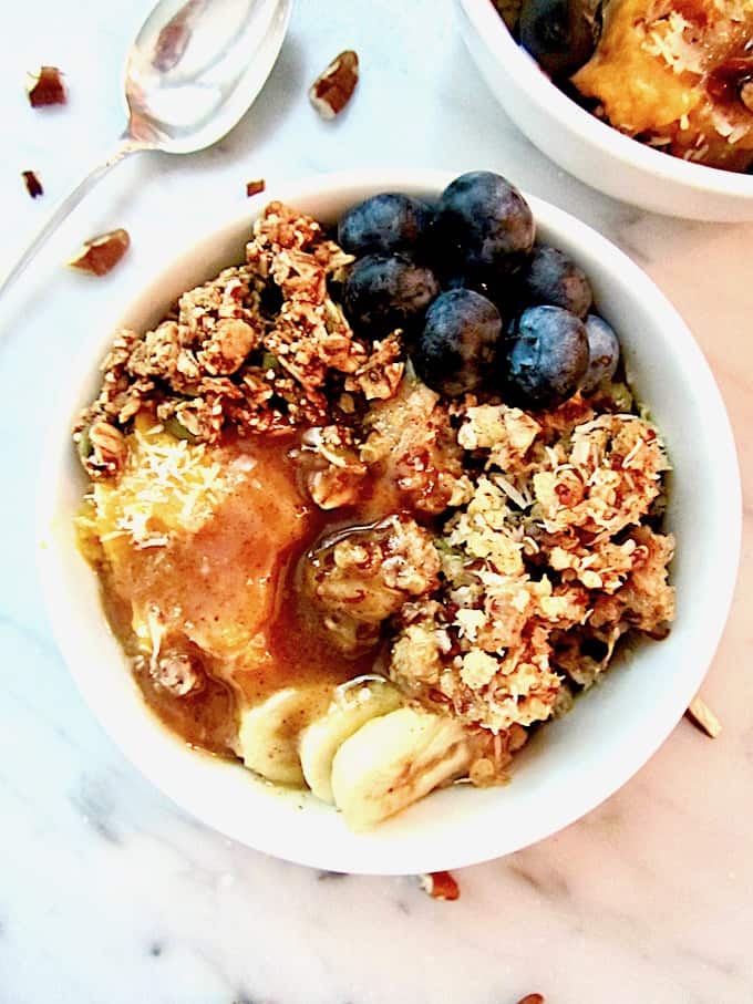 Slow Cooker Pumpkin Quinoa Breakfast Bowl + Vegan Caramel Sauce recipe - This easy breakfast is a warming, high protein meal perfect for busy schedules, topped with the most delicious 3 ingredient caramel sauce! {vegan, gluten free} | veganchickpea.com 