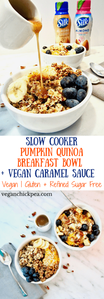Slow Cooker Pumpkin Quinoa Breakfast Bowl + Vegan Caramel Sauce recipe - This easy breakfast is a warming, high protein meal perfect for busy schedules, topped with the most delicious 3 ingredient caramel sauce! {vegan, gluten free} | veganchickpea.com