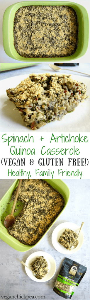 This healthy Spinach Artichoke Quinoa Casserole recipe (gluten free) unites the classic combo of Spinach & Artichoke Dip with an American family favorite meal - the hearty casserole! Using organic truRoots quinoa, this recipe makeover is filled with plant based protein and delivers a vegan dinner that the whole family will enjoy out of the oven or for leftovers the next day. | veganchickpea.com
