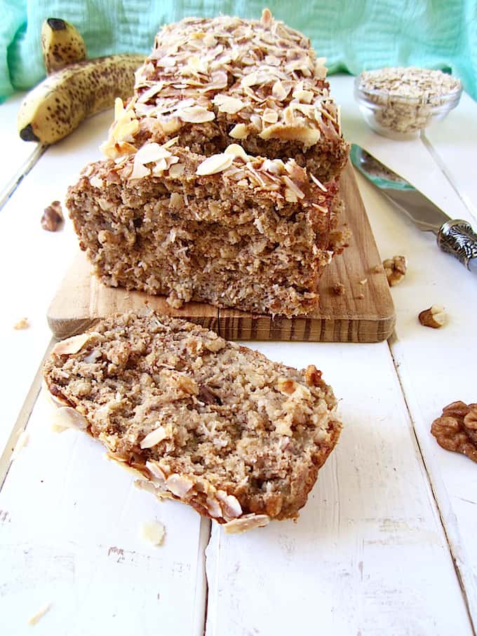 ALT TEXT: Easy & healthy vegan + gluten free one bowl Banana Nut Bread recipe! Protein packed with 7 grams per slice. {refined sugar free, oil free} | veganchickpea.com