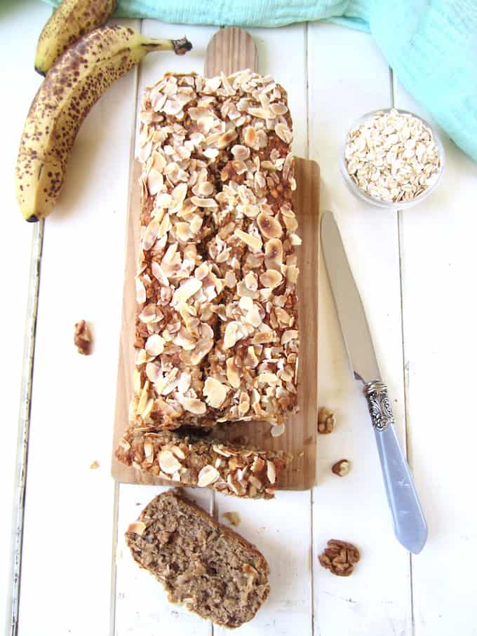 ALT TEXT: Easy & healthy vegan + gluten free one bowl Banana Nut Bread recipe! Protein packed with 7 grams per slice. {refined sugar free, oil free} | veganchickpea.com