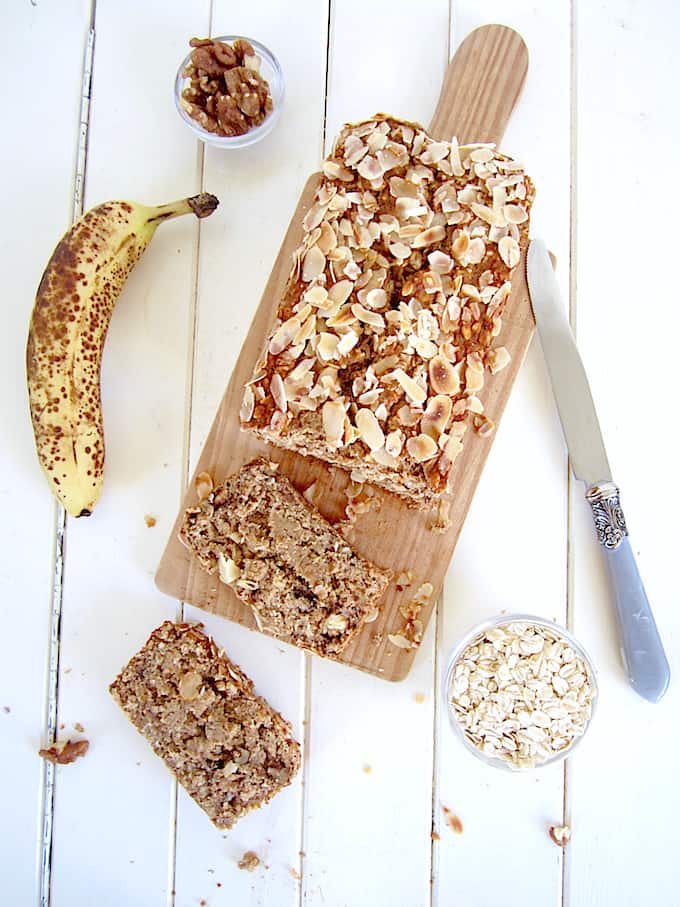 ALT TEXT: Easy & healthy vegan + gluten free one bowl Banana Nut Bread recipe! Protein packed with 7 grams per slice. {refined sugar free, oil free} | veganchickpea.com