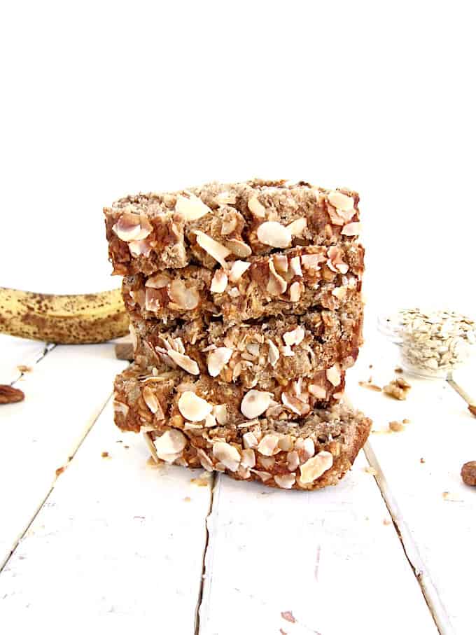 ALT TEXT: Easy & healthy vegan + gluten free one bowl Banana Nut Bread recipe! Protein packed with 7 grams per slice. {refined sugar free, oil free} | veganchickpea.com