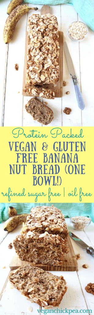 ALT TEXT: Easy & healthy vegan + gluten free one bowl Banana Nut Bread recipe! Protein packed with 7 grams per slice. {refined sugar free, oil free} | veganchickpea.com