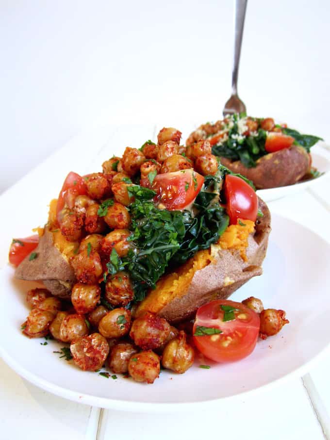 Vegan Sweet potatoes with kale, crispy chickpeas & garlic tahini dressing - a versatile and easy weekday dinner meal with about 23 grams of protein. {gluten free, nut free, soy free} | veganchickpea.com