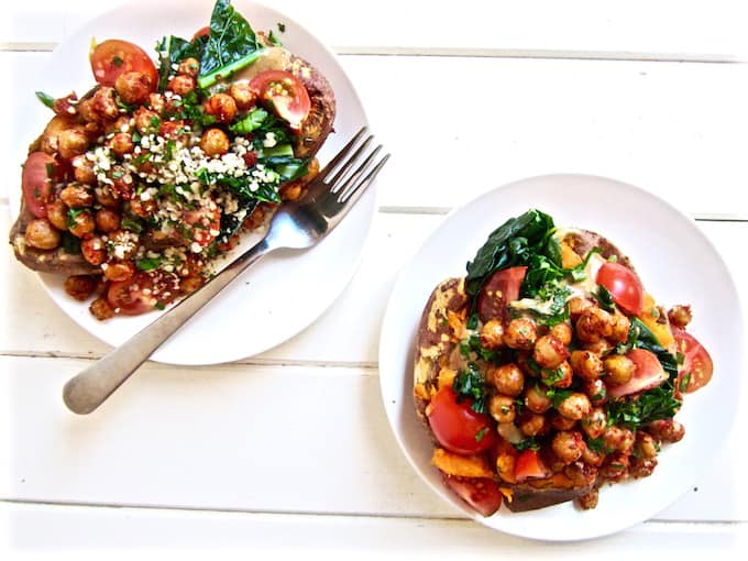 Vegan Sweet potatoes with kale, crispy chickpeas & garlic tahini dressing - a versatile and easy weekday dinner meal with about 23 grams of protein. {gluten free, nut free, soy free} | veganchickpea.com