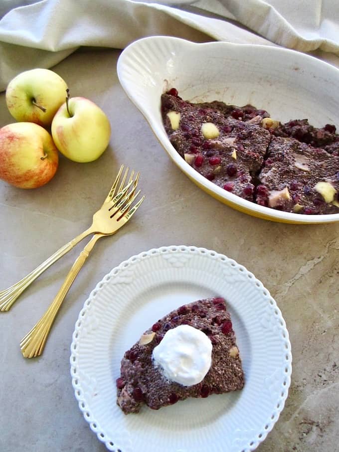 Autumn Apple & Pomegranate Chia Pudding Slice recipe - a healthy and easy breakfast or snack (12.5g of protein/slice), served warm or cold with coconut whipped cream and almond butter! Vegan, gluten free, paleo, refined sugar free with 100% sugar free and raw options! | veganchickpea.com