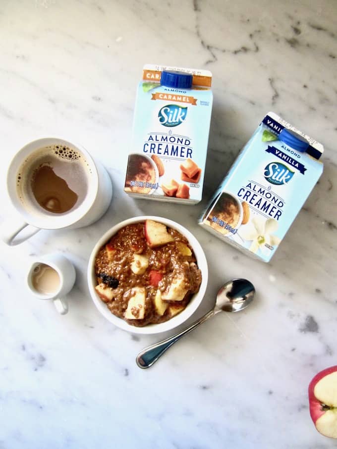 Warm 5 Minute Vanilla Flaxseed Cereal (Vegan + Gluten Free) - This warm, creamy porridge comes together in just 5 minutes. Substitute whatever fruit and dried fruit you want, making this a versatile recipe perfect for busy mornings! | veganchickpea.com #shop #ad #SilkandSimplyPureCreamers #cbias