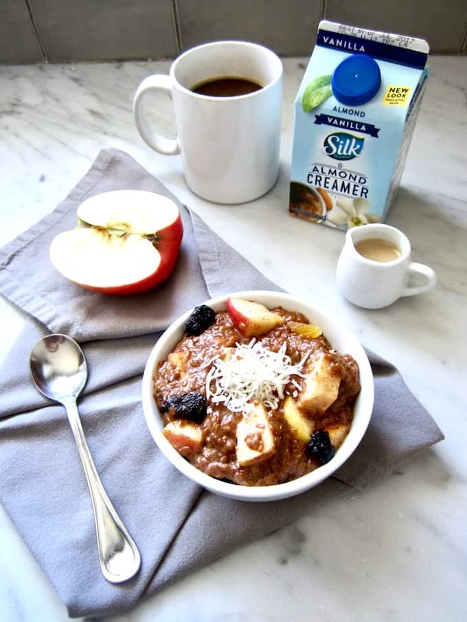 Warm 5 Minute Vanilla Flaxseed Cereal (Vegan + Gluten Free) - This warm, creamy porridge comes together in just 5 minutes. Substitute whatever fruit and dried fruit you want, making this a versatile recipe perfect for busy mornings! | veganchickpea.com #shop #ad #SilkandSimplyPureCreamers #cbias