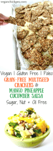 Grain-Free Multiseed Crackers with Mango Pineapple Cucumber Salsa recipe - super healthy, high protein crunchy multiseed crackers made simply out of seeds and seasonings. Paired with fresh, zesty, sweet and chunky salsa! [vegan, paleo, gluten/oil/soy/sugar/nut free] | veganchickpea.com