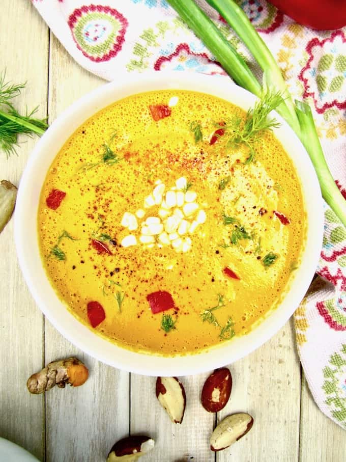 Raw Carrot & Brazil Nut Soup from ‘Healing the Vegan Way’ recipe - creamy, refreshing and nourishing, this raw soup is both nutritious and highly delicious! Can also be enjoyed warm for a non-raw version. [vegan, gluten free, paleo, oil + sugar free] | veganchickpea.com