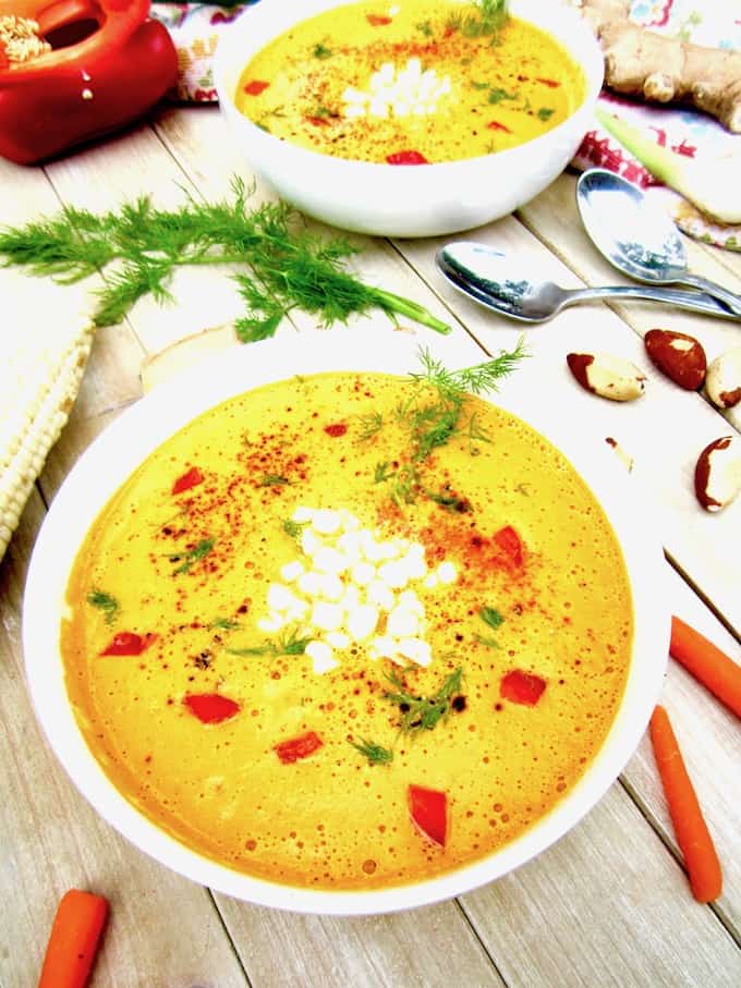 Raw Carrot & Brazil Nut Soup from ‘Healing the Vegan Way’ recipe - creamy, refreshing and nourishing, this raw soup is both nutritious and highly delicious! Can also be enjoyed warm for a non-raw version. [vegan, gluten free, paleo, oil + sugar free] | veganchickpea.com