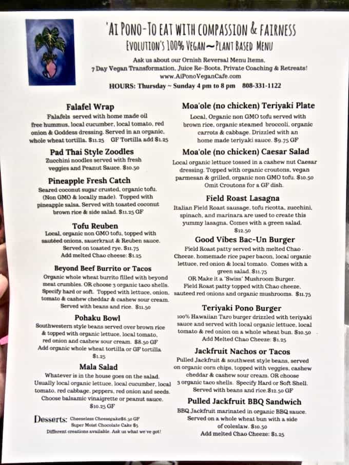 'Ai Pono Kona Hawaii Vegan Food Menu