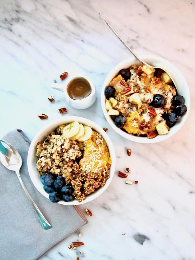 Slow Cooker Pumpkin Quinoa Breakfast Bowl + Vegan Caramel Sauce recipe - This easy breakfast is a warming, high protein meal perfect for busy schedules, topped with the most delicious 3 ingredient caramel sauce! {vegan, gluten free} | veganchickpea.com