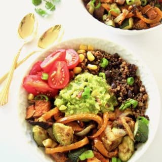 These vegan Southwest Veggie Burrito Bowls are an easy meal your whole family will enjoy! The quinoa and black bean base pack each plate with 13 grams of plant based protein. Top the bowls with homemade guacamole for super fresh flavor. Great for dinner, leftovers and as lunch the next day!
