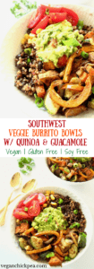 These vegan Southwest Veggie Burrito Bowls are an easy meal your whole family will enjoy! The quinoa and black bean base pack each plate with 13 grams of plant based protein. Top the bowls with homemade guacamole for super fresh flavor. Great for dinner, leftovers and as lunch the next day! | veganchickpea.com