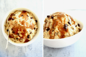 This chocolate chip dip dessert hummus is a sweet spread made from chickpeas and flavored with almond butter, maple syrup and mini chocolate chips - all topped with an easy caramel sauce. Filled with protein and fiber, this healthier dessert is also vegan, gluten free and refined sugar free! 