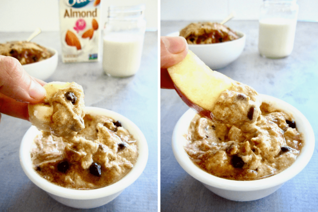 This chocolate chip dip dessert hummus is a sweet spread made from chickpeas and flavored with almond butter, maple syrup and mini chocolate chips - all topped with an easy caramel sauce. Filled with protein and fiber, this healthier dessert is also vegan, gluten free and refined sugar free! 