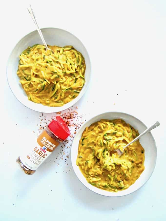 This super healthy yet satisfying and craveable 'mac & cheese' recipe mimics the flavor of the classic dish with a superbly easy, 5-ingredient vegan cheese sauce made out of sweet potatoes. Served over zucchini noodles (zoodles), this gluten free, flavor packed and  veggie-filled dish is also low carb, oil-free and comes together in 30 minutes. You won't believe it's cheese-less!