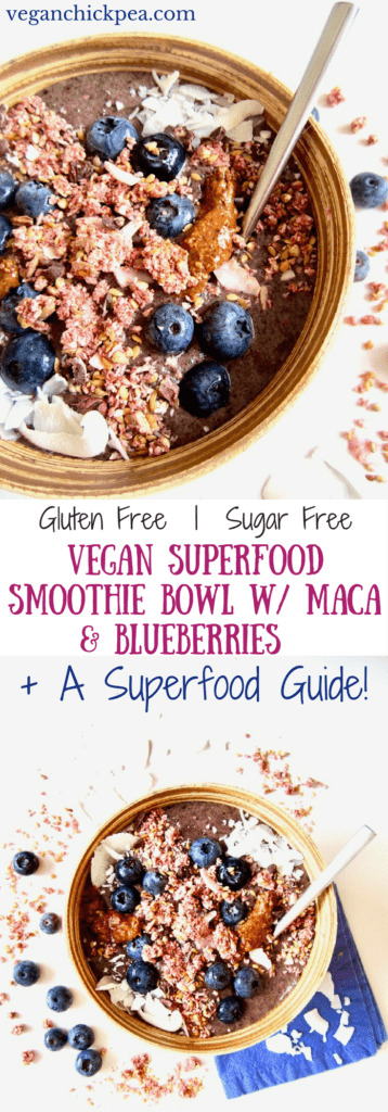 This vegan superfood guide includes a superfood list, their benefits, recipes with superfoods and how to create a delicious, healthy, customized superfood smoothie bowl! 