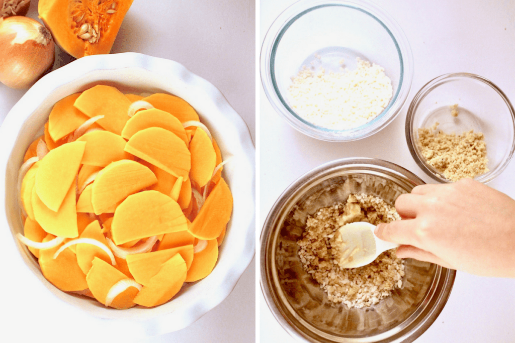 This savory Vegan Butternut Squash Gratin (Gluten Free) is healthy comfort food at its best! Perfect for Fall or your Thanksgiving or holiday table, you'll love this creamy casserole topped with a crispy vegan 'parmesan' topping and Panko breadcrumbs.