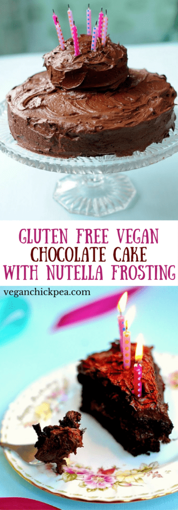 This gorgeous and decadent Gluten Free Vegan Chocolate Cake with Nutella Frosting makes the perfect birthday cake! No dairy, eggs or gluten needed to make creamy frosting and delectable, moist cake. Us gluten free vegans can have our cake and eat it too with this recipe (sugar free option included)!