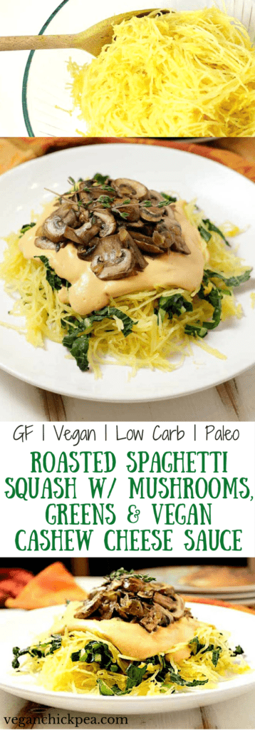 Roasted spaghetti squash is the perfect healthy, low carb, satisfying meal for Fall. Pair it with a creamy vegan cashew cheese sauce, superfood stars mushrooms and kale or spinach, and you've got a vegan, gluten free and paleo meal that you'll want to enjoy again and again!