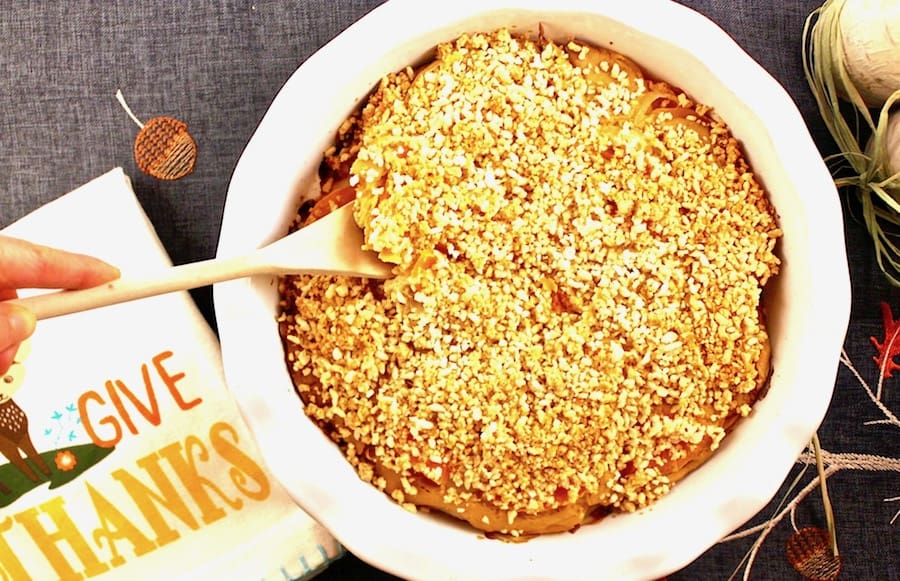 This savory Vegan Butternut Squash Gratin (Gluten Free) is healthy comfort food at its best! Perfect for Fall or your Thanksgiving or holiday table, you'll love this creamy casserole topped with a crispy vegan 'parmesan' topping and Panko breadcrumbs.