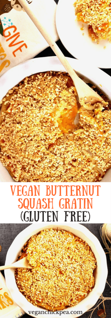 This savory Vegan Butternut Squash Gratin (Gluten Free) is healthy comfort food at its best! Perfect for Fall or your Thanksgiving or holiday table, you'll love this creamy casserole topped with a crispy vegan 'parmesan' topping and Panko breadcrumbs.