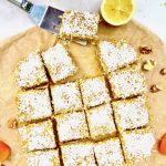 This No Bake Apricot Turmeric Lemon Bars recipe have a lovely citrusy, tangy flavor and make a super healthy sugar free, vegan and gluten free snack! They are an energizing powerhouse filled with fiber, protein, antioxidants and anti-inflammatory properties. | veganchickpea.com